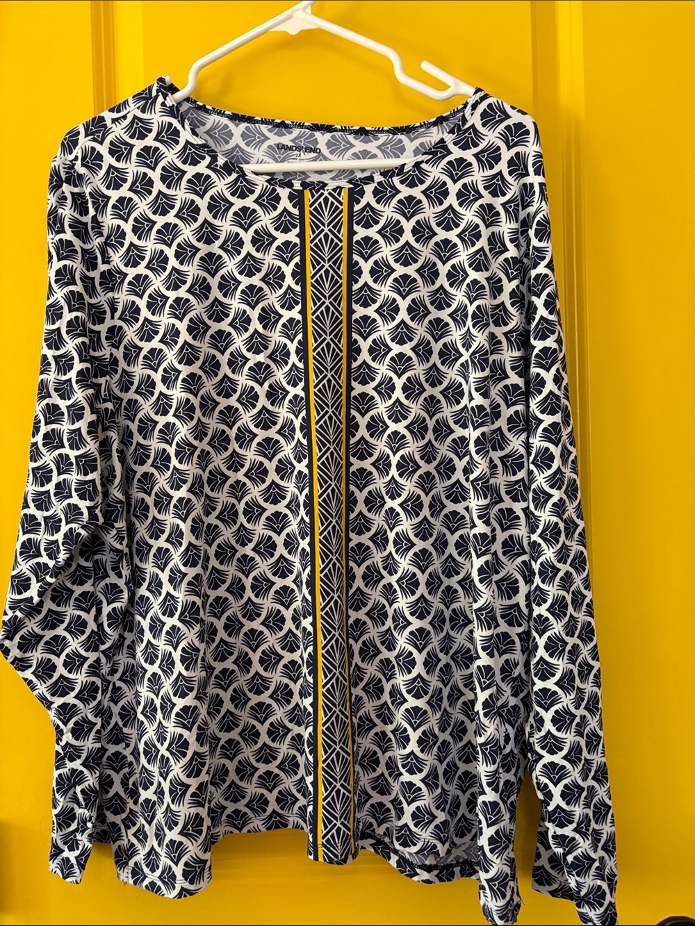 Lands' End Navy and White Printed Long-Sleeve Blouse with Center Stripe
